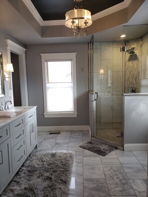 Combined shower/tub, hair dryer, towels, shampoo