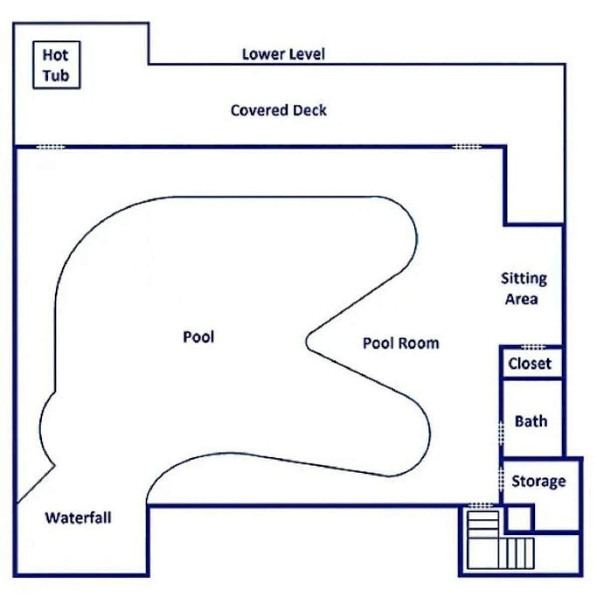 Un área de piscina con jacuzzi, cascada, terraza cubierta, sala de piscina, zona de estar y almacenamiento.