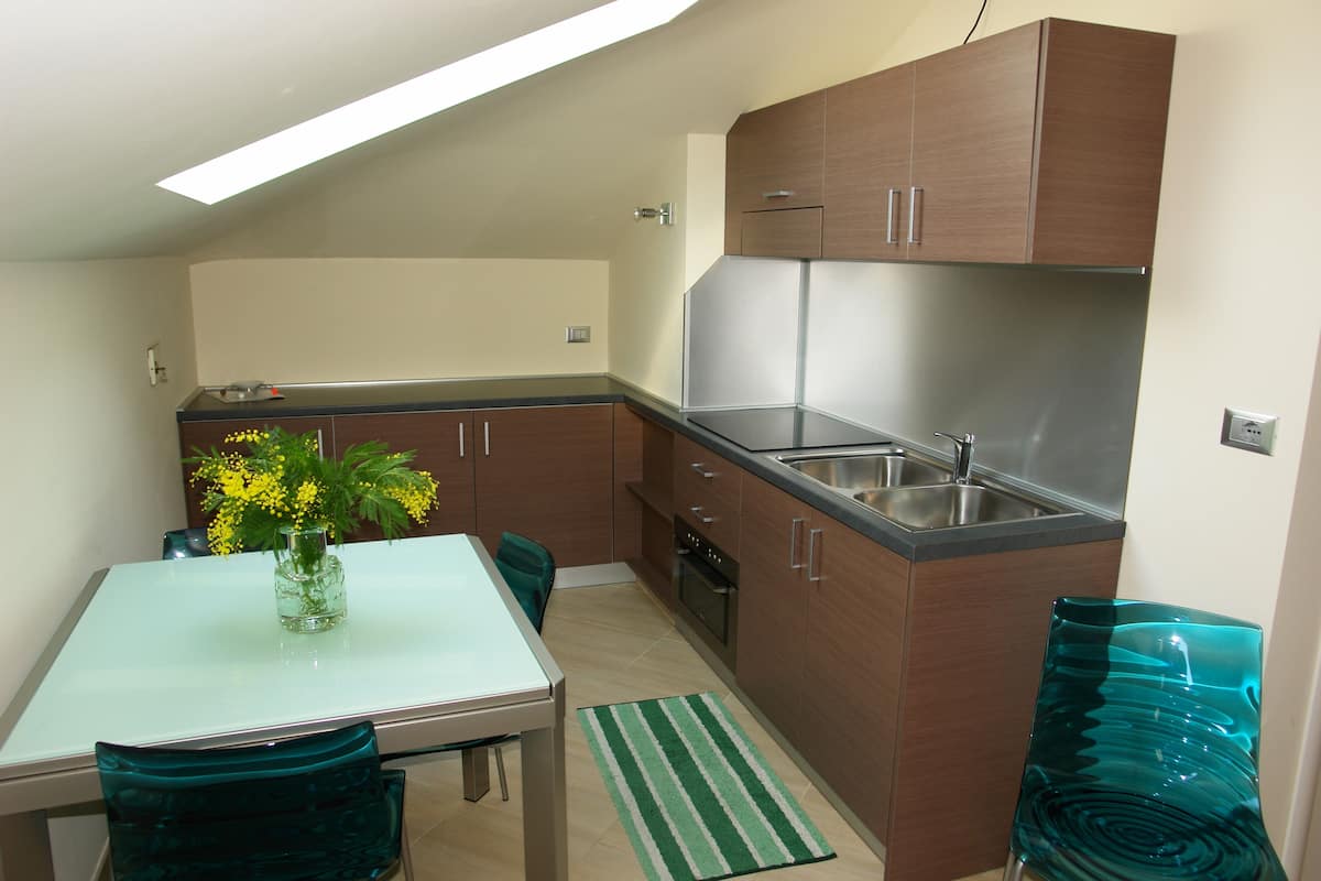 Frigorífico, placa de cocina y utensilios de cocina