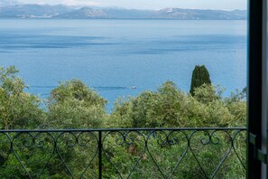 A view of a lake with a boat, surrounded by greenery and mountains in the background. - Villa Emily (Corfu)