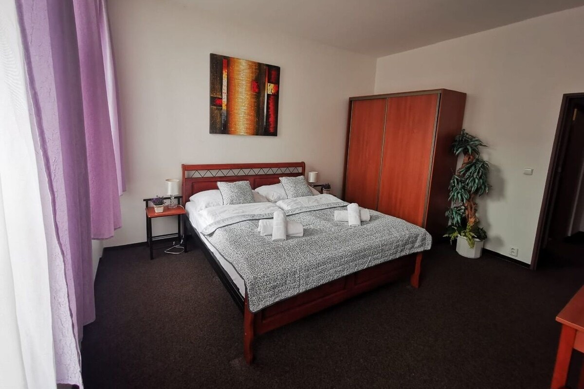 A neatly made bed with white linens and towels, a bedside table with a lamp, a painting on the wall, a wardrobe, and a potted plant.
