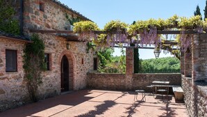 Ein Steinhaus mit Ziegelterrasse, einer Holz-Pergola mit hängenden Pflanzen und Blick auf den Wald.