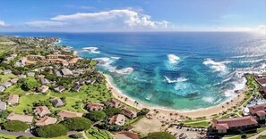 On the beach, sun-loungers, beach towels