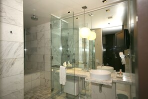 Shower, towels, toilet paper