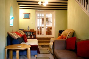 Smart TV, chimenea, reproductor de DVD y libros 