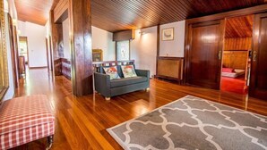 Un espacio amplio con suelo de madera, un sofá gris con cojines coloridos, una alfombra estampada y techo de madera.