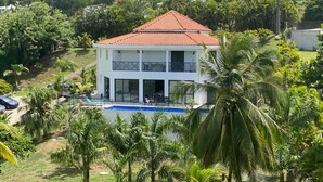 A two-story house with a red-tiled roof, a swimming pool, and surrounded by palm trees. - Villa Clémence (Le Francois)