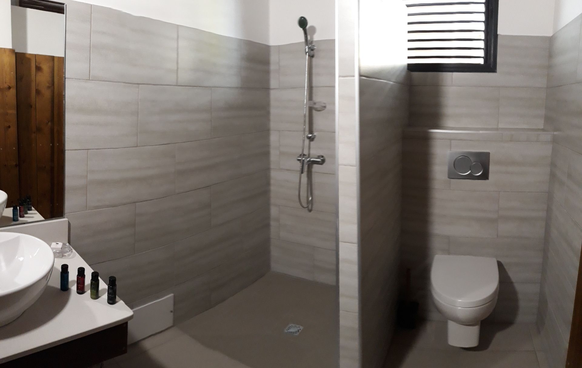 A modern bathroom with a shower, toilet, and sink.