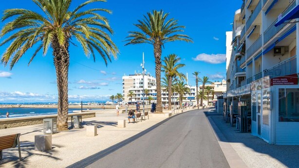 A seaside promenade with palm trees, benches, and a building with a sign for pizza and pasta. - 2 rooms cabin on the ground floor terrace (LE GRAU DU ROI)