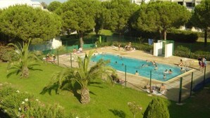 A swimming pool surrounded by lush greenery and a building with a unique tower structure in the background. - 2 rooms cabin on the ground floor terrace (LE GRAU DU ROI)
