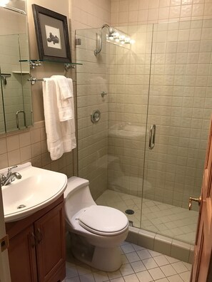 Shower, hair dryer, towels, soap