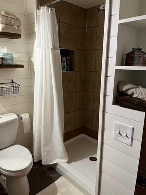 Tina con regadera, amenidades de baño ecológicas, secadora de cabello 