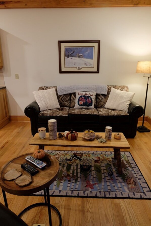 A living room with a couch, a coffee table, and a lamp. - Beautiful 1 BD/1 BA Echota condo with a magnificent view of Grandfather Mtn (Boone)