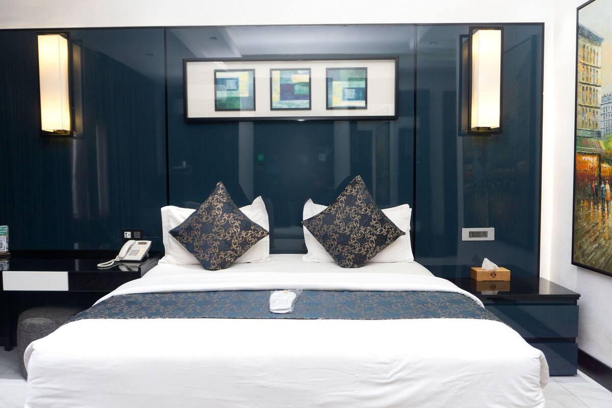 Una habitación de hotel moderna con una cama grande, dos almohadas decorativas, una mesita de noche con un teléfono y un cuadro en la pared.