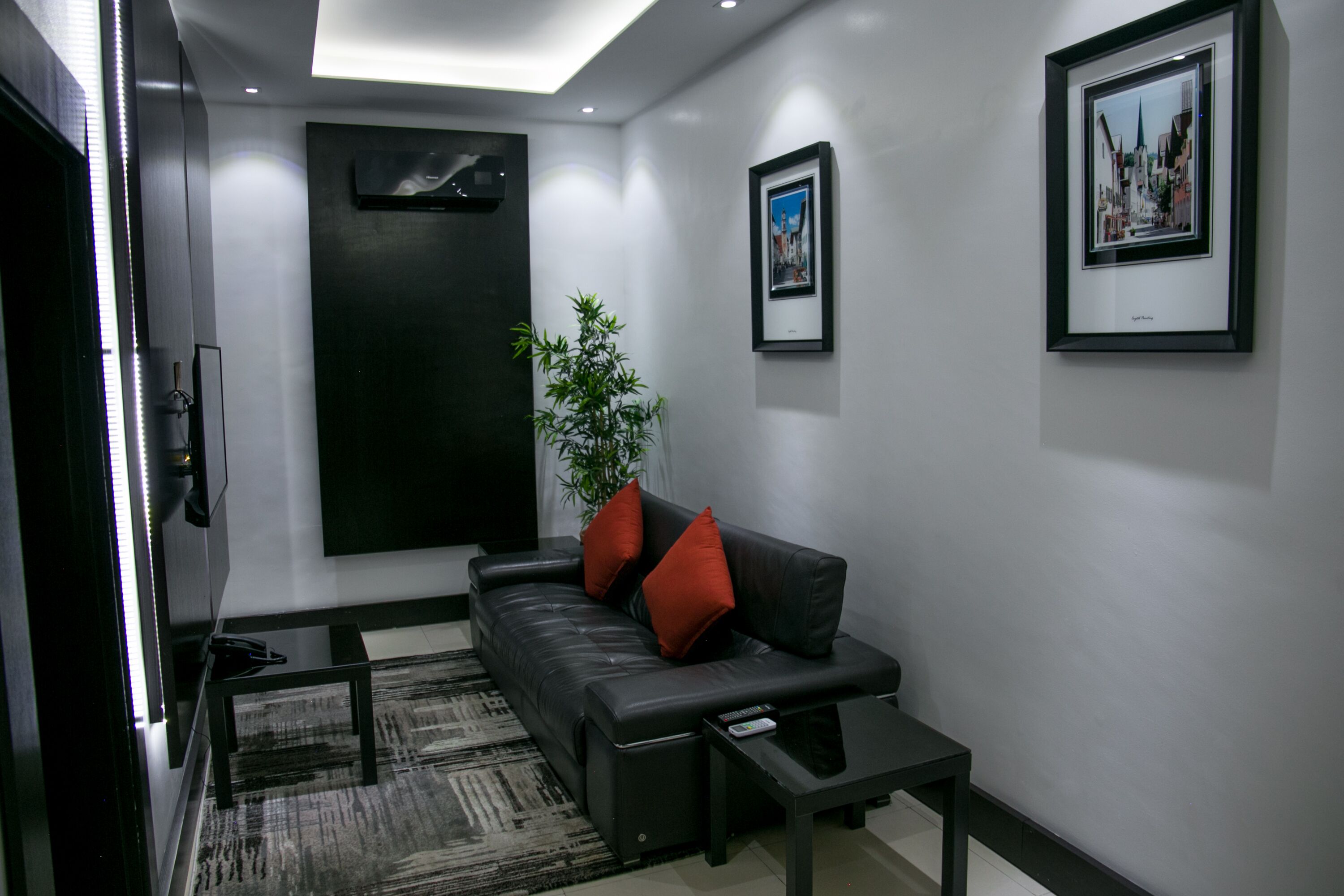 Una sala de estar moderna con un sofá de cuero negro, cojines rojos, una mesita negra y un cuadro enmarcado en la pared.