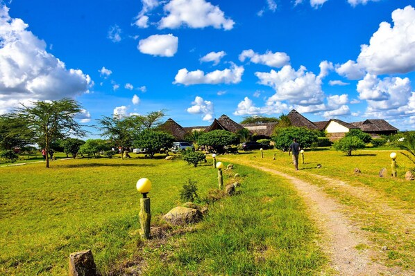 A rural landscape with a dirt path leading to traditional thatched-roof houses. - Enchipai Campsite and Cottages (Isinya)