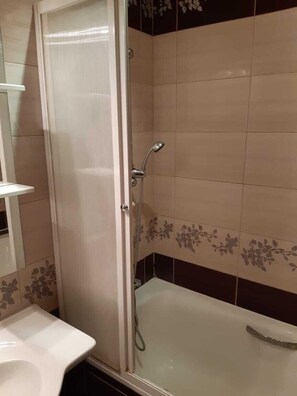 Bathroom features a shower enclosure and a bathtub with a white finish.