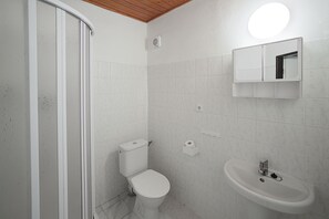A bathroom with a toilet, sink, and a shower area. - Hotel Rohanov (Vacov)