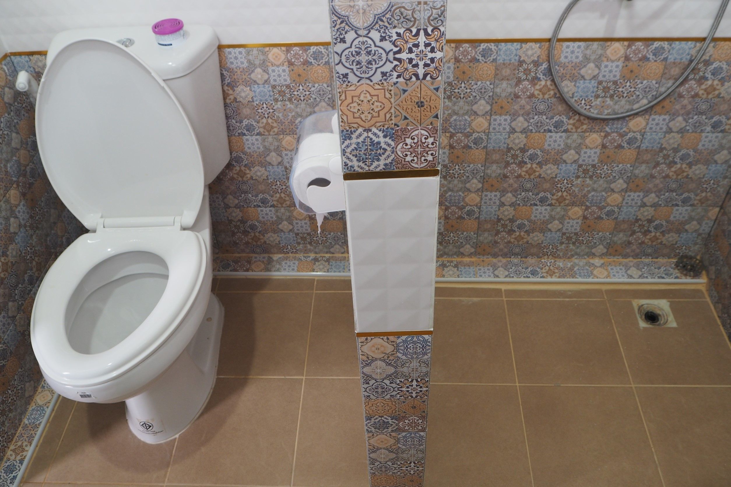 Une salle de bain avec des toilettes, un rouleau de papier toilette et un mur recouvert de carreaux décoratifs.