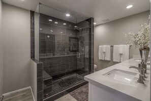 Hair dryer, towels, soap, shampoo