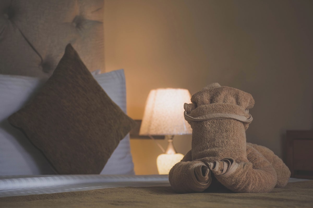A neatly made bed with a single brown pillow, a rolled-up brown blanket, and a lamp in the background.