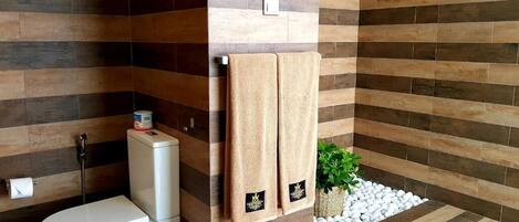 Un baño moderno con inodoro, dos toallas y una planta pequeña.