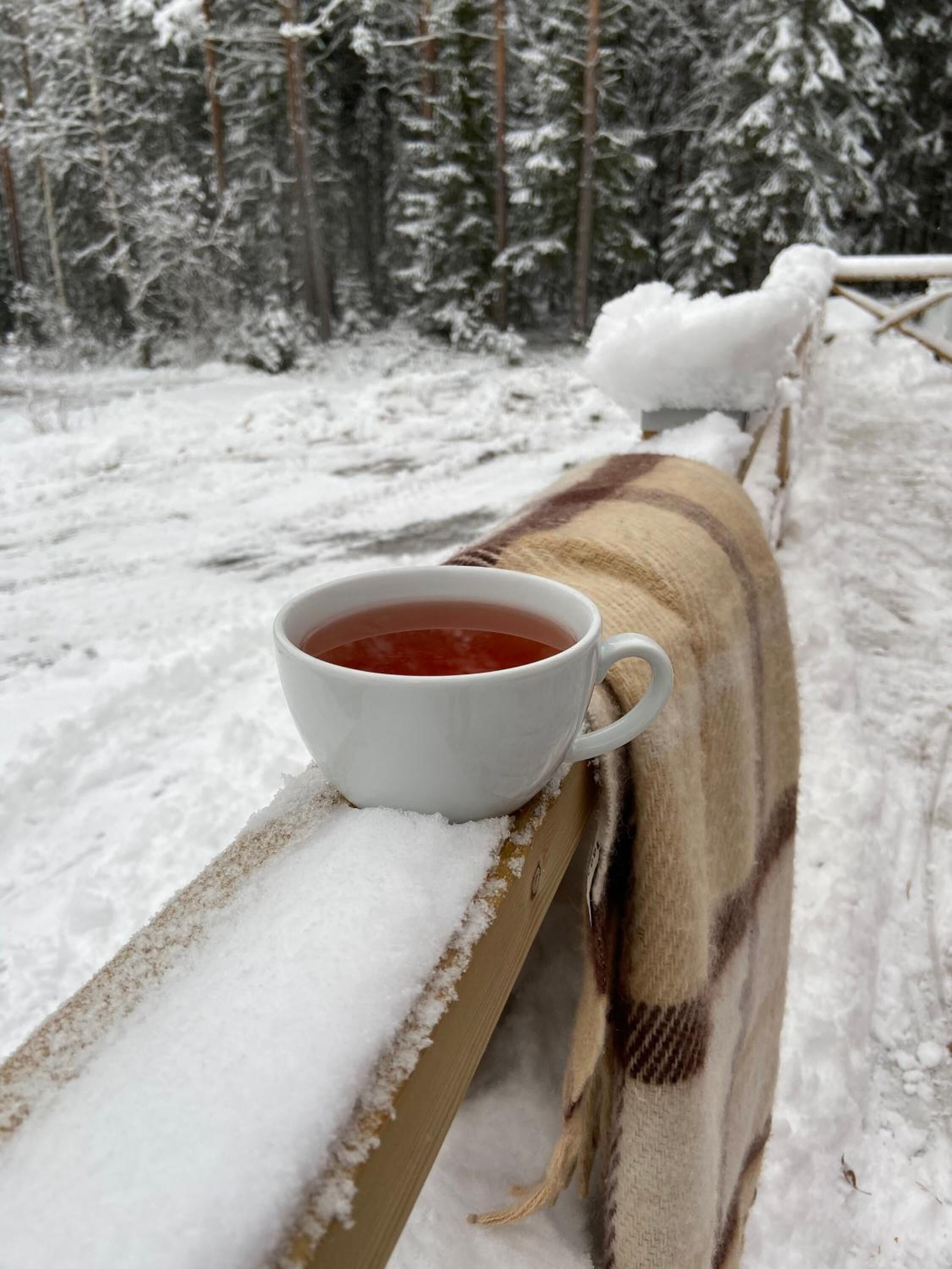 Une tasse de thé posée sur une étagère en bois, avec de la neige en arrière-plan.