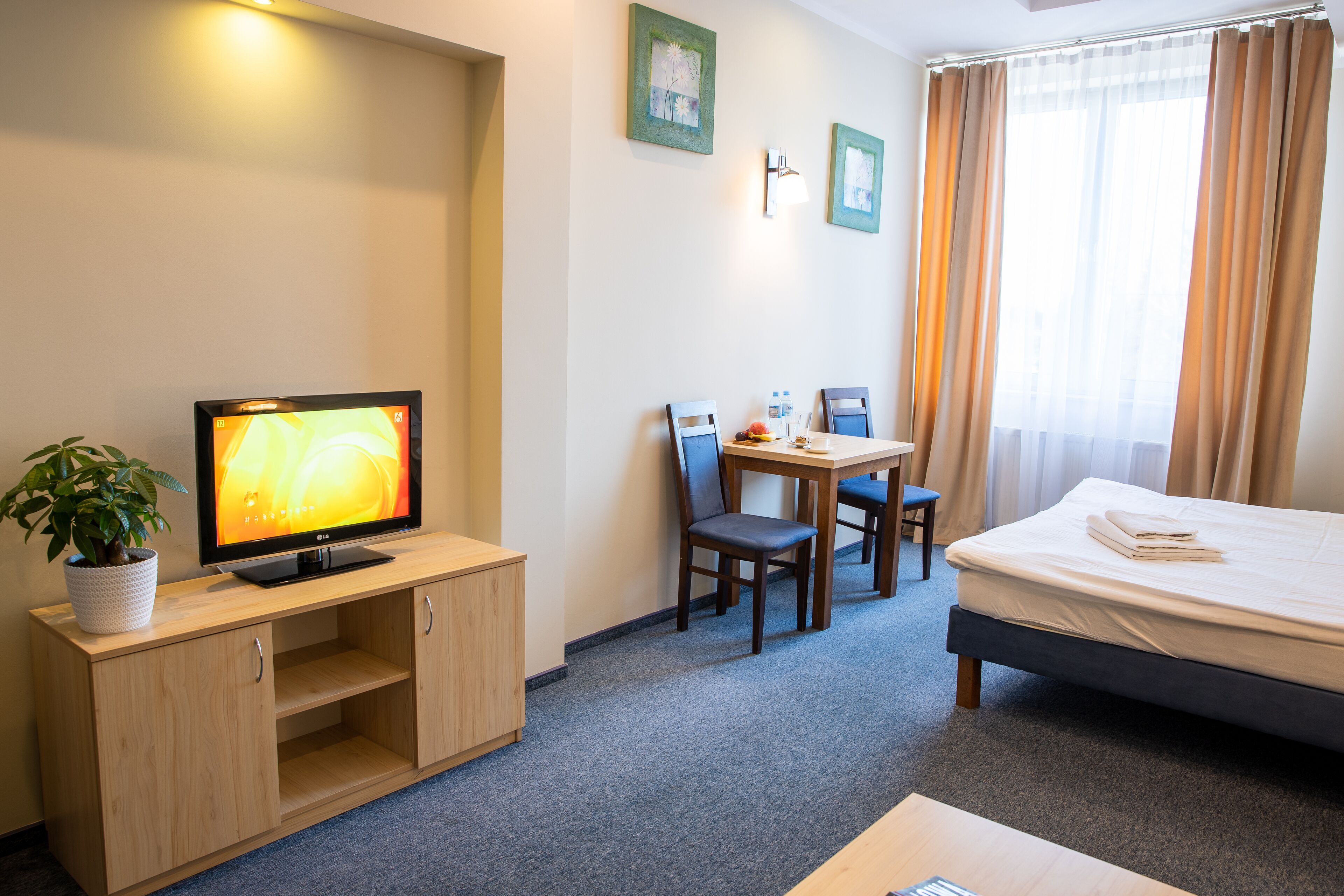 A hotel room with a bed, a desk with a chair, a television, and a potted plant.