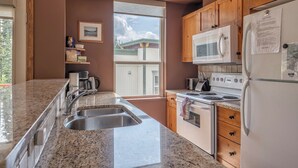 A kitchen with granite countertops, stainless steel appliances, wooden cabinets, and a large window offering a view of a building. - Bright, upgraded townhouse in Creekside w/laundry, hot tub, close to village (Silver Star Mountain)
