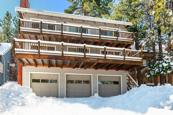 Snow covered Big Bear Cool Cabins, Bare Necessities front