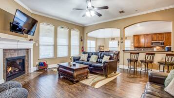 Smart TV, fireplace, foosball, video library