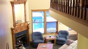 Una televisión, una chimenea, un reproductor de DVD, libros