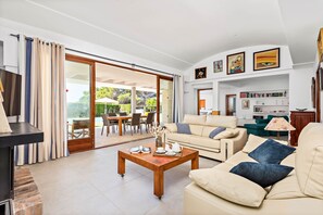 Smart TV, fireplace, video games, DVD player
