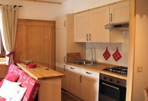 Cocina compacta con armarios de madera, un lavamanos y una estufa.