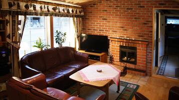 TV, fireplace, DVD player, books