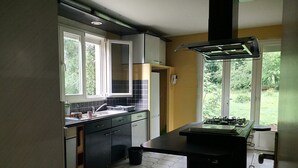 Moderni keittiö, jossa on kaasuliesi, pesuallas ja kaapistot.