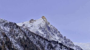 Un pico nevado de montaña con cielo despejado.