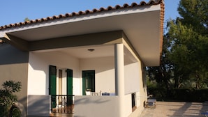 A building with a covered porch, a stone patio, and a green door.