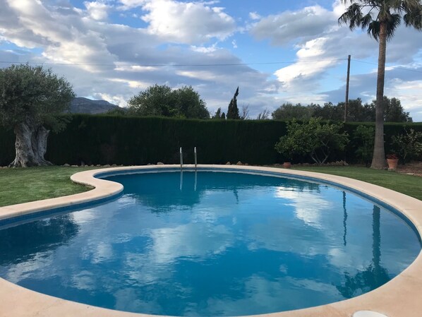 Une piscine à bord incurvé, entourée d’une pelouse bien entretenue et de divers arbres.