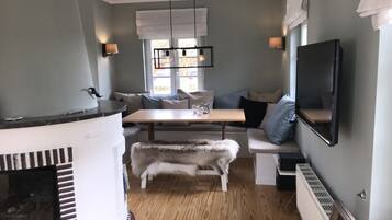 TV, fireplace, books, stereo