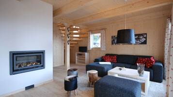 TV, fireplace, books, stereo