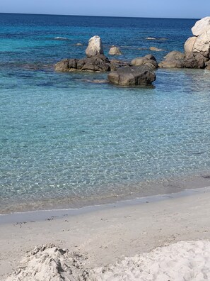 Una playa con agua turquesa cristalina, rocas grandes y una orilla arenosa.