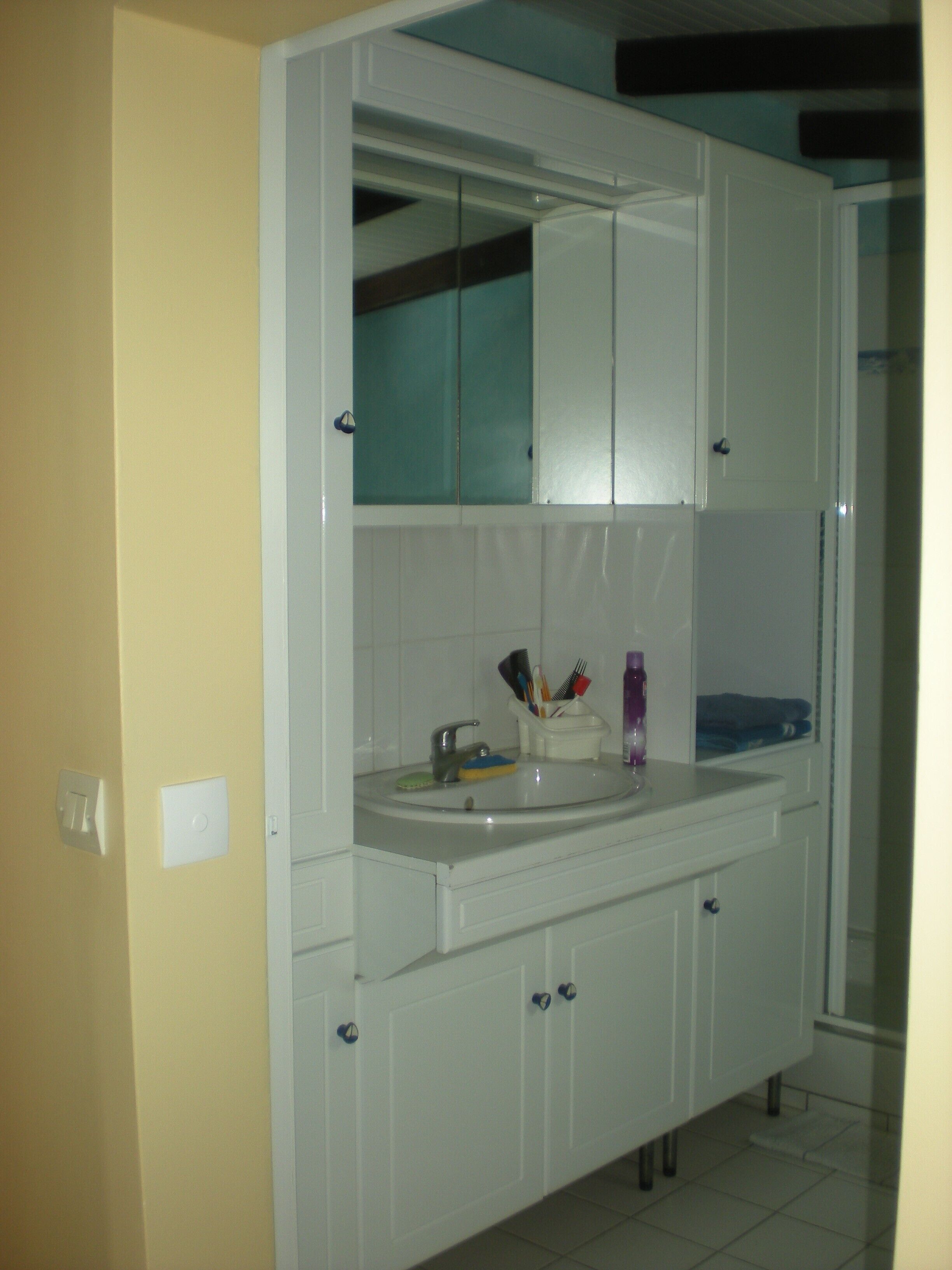 A bathroom with a white sink, mirror, and cabinets. There is a toothbrush holder with toothbrushes and a bottle of hand soap on the sink.