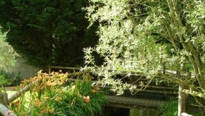 A narrow waterway with a wooden bridge, surrounded by lush greenery and flowering plants. - EDONIAA vacation rentals in the heart of the Bay of Somme (Quend)
