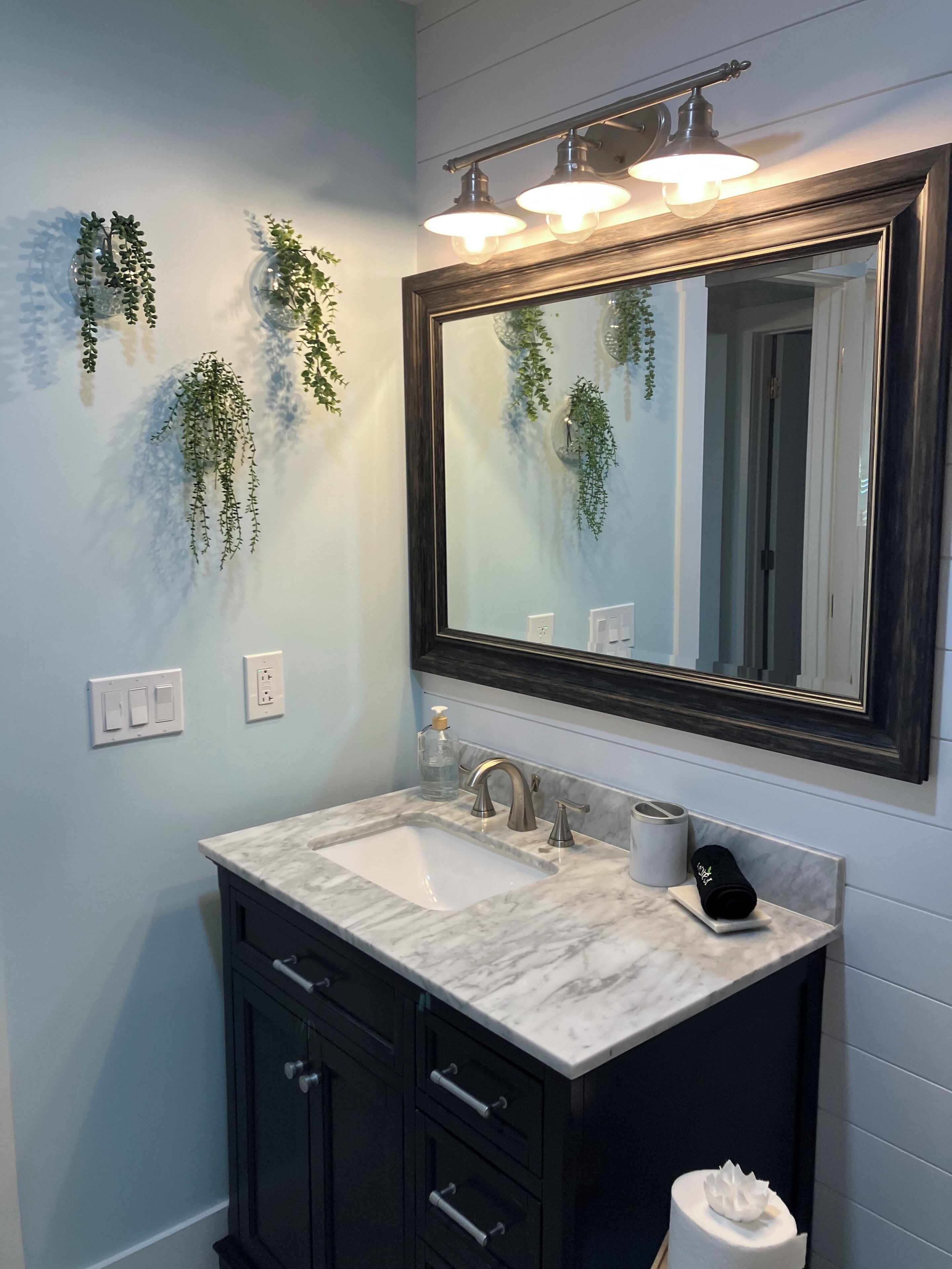 A bathroom with a marble sink, dark cabinetry, a mirror with lights, and hanging plants.