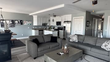 TV connectée, cheminée, livres