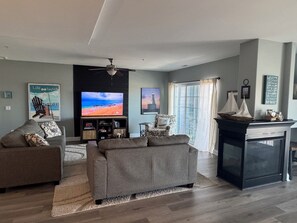 Smart TV, fireplace, books