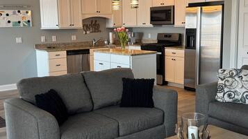 Smart TV, fireplace, books