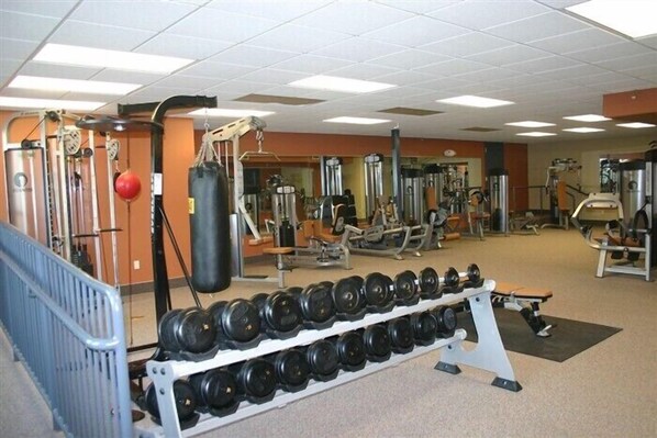 A gym with various exercise equipment, including dumbbells, a punching bag, and weight machines.