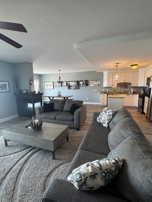 Smart TV, fireplace, books